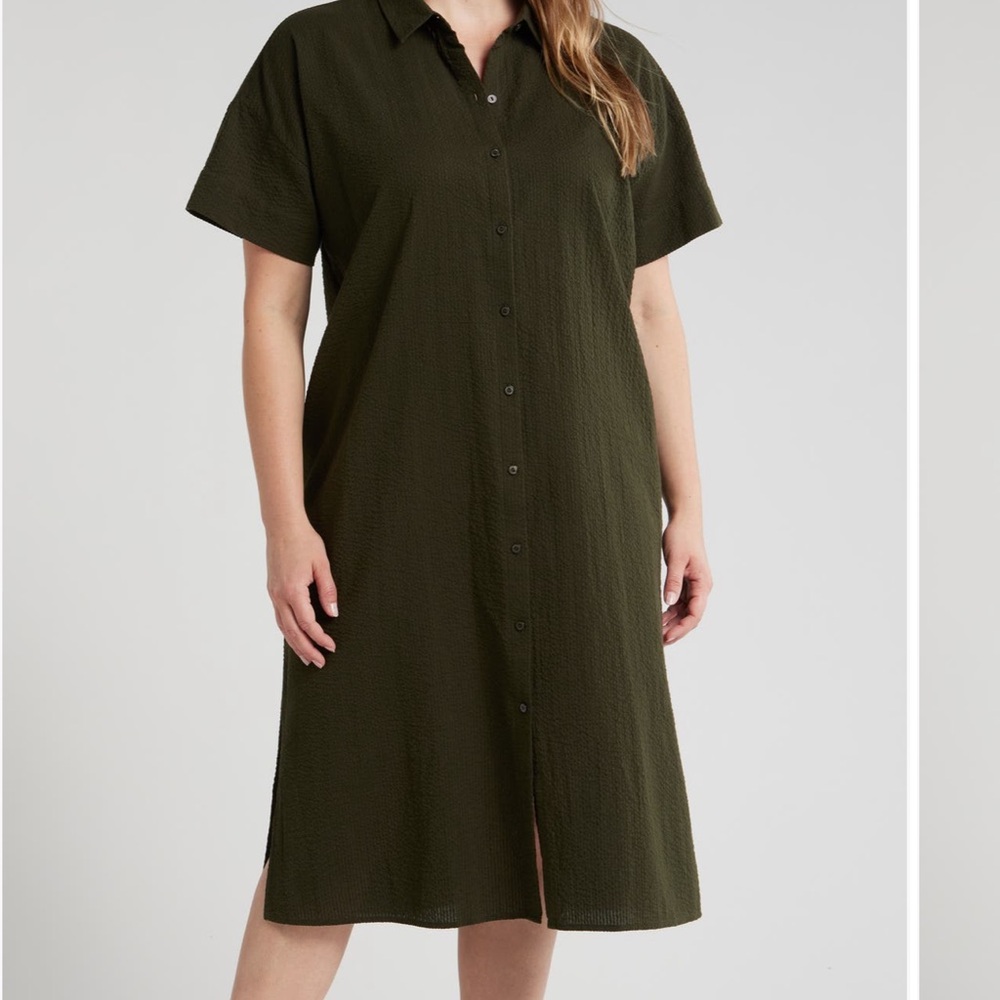 Like New!  Eileen Fisher Shot sleeve organic cotton dress - olive 🫒 green